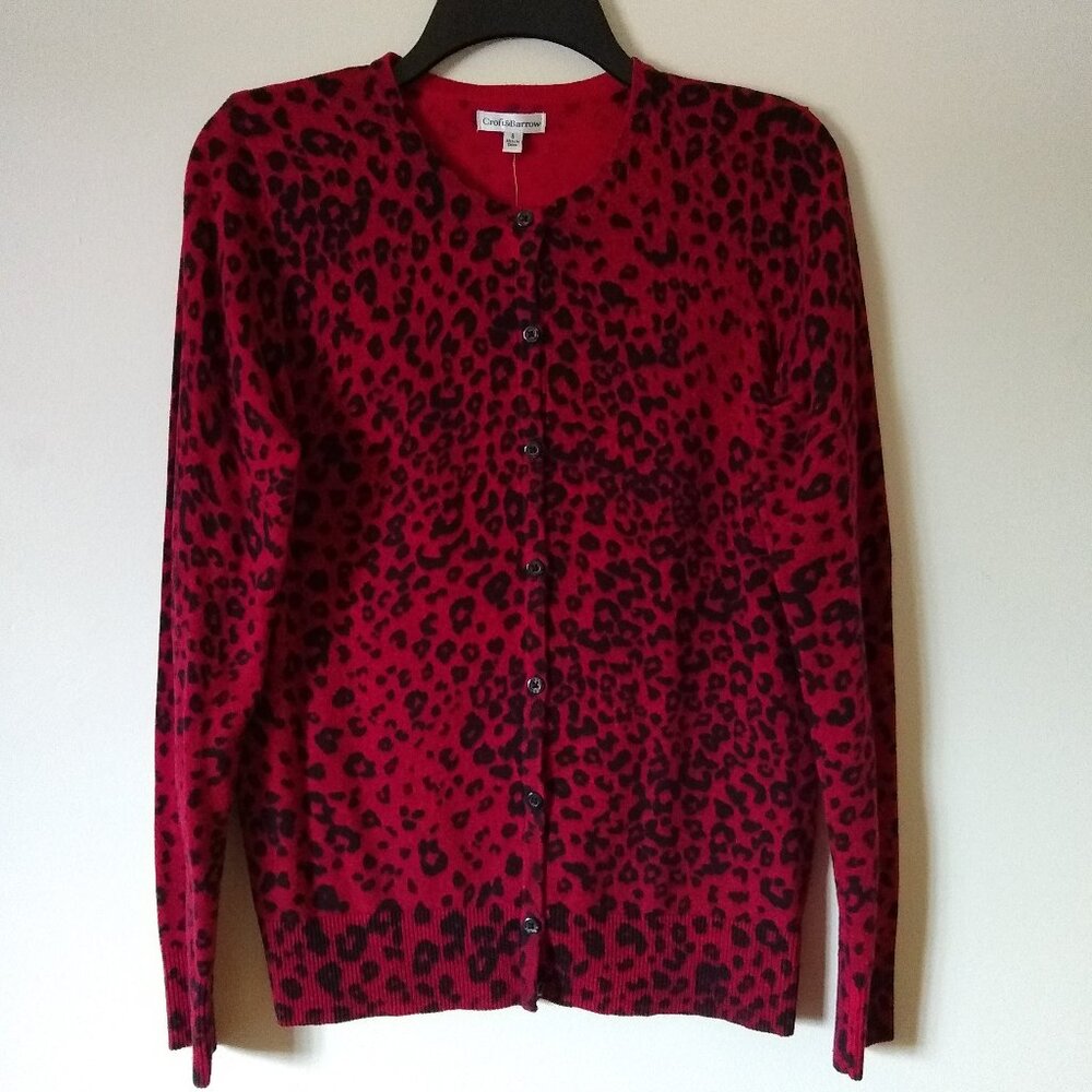 RED ANIMAL PRINT CARDIGAN. NWT